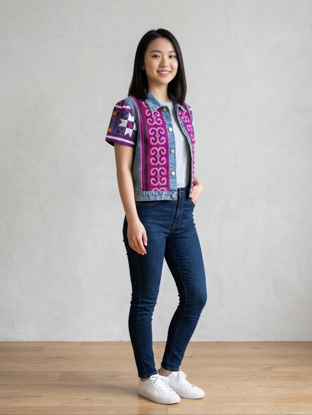 Hmong Denim Button-Up Top with Pink & Purple Pattern